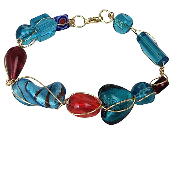 14K Flower Lampwork Bead Silver Foil-Lined Lampwork Glass Bead Red Blue Bracelet - Picture 1 of 2
